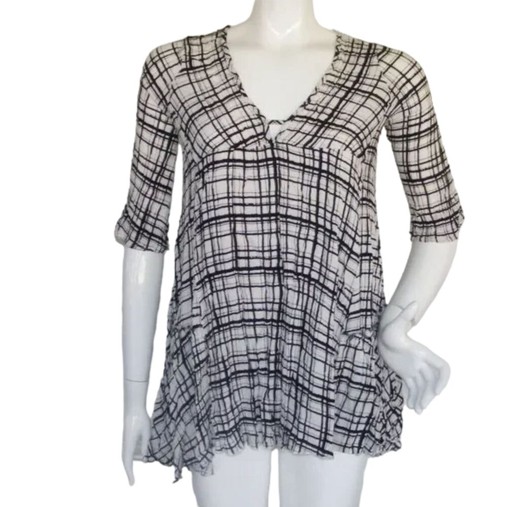 CARLY JEAN Top/Tunic, S, Raw edging, 3/4 sleeve, B&W Plaid, CJLA